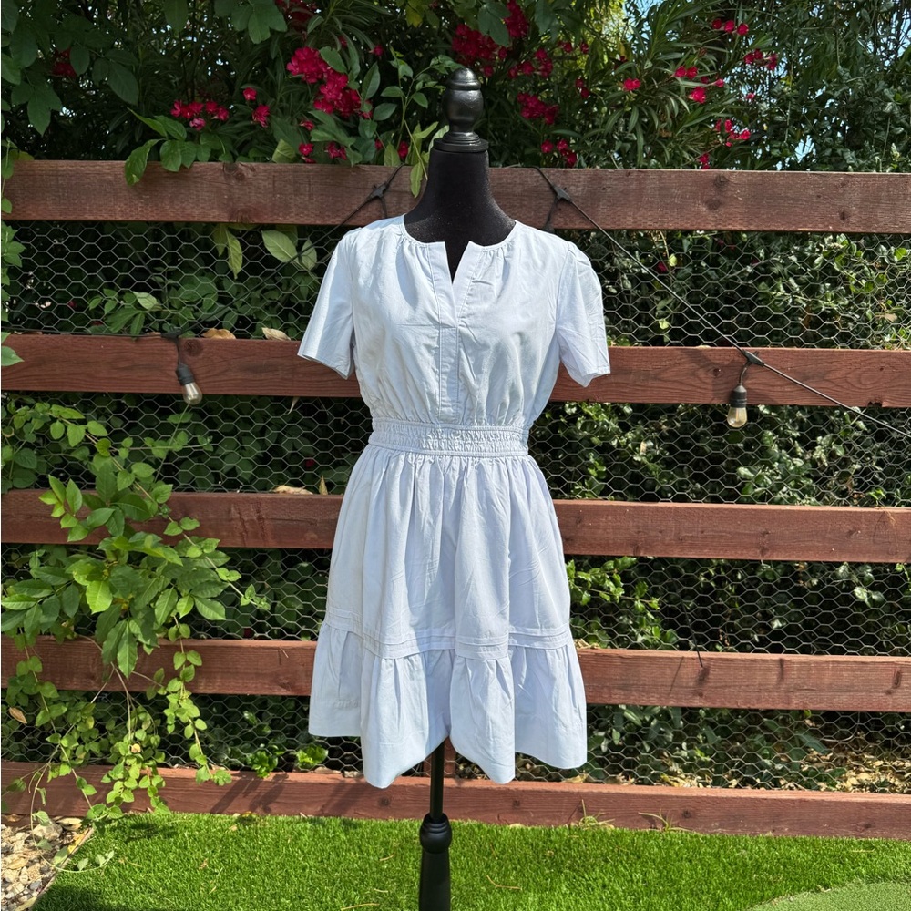 Smocked Waist Light Blue Mini Dress with Short Sleeves